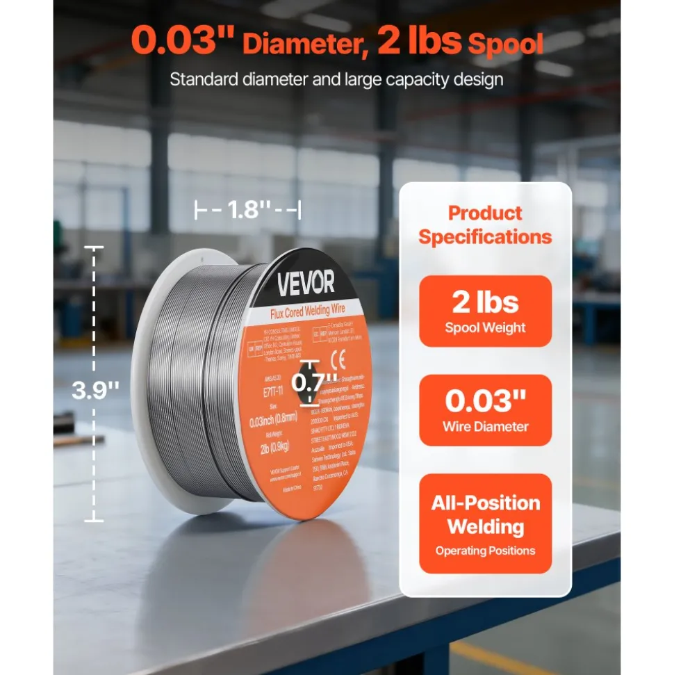 VEVOR Flux Core MIG Welding Wire, E71T-11 0.03-inch 2 LBS, Gasless Mild Steel Welding Wire with Low Spatter for All Position Arc Welding, Self-Shielded for Outdoor Use