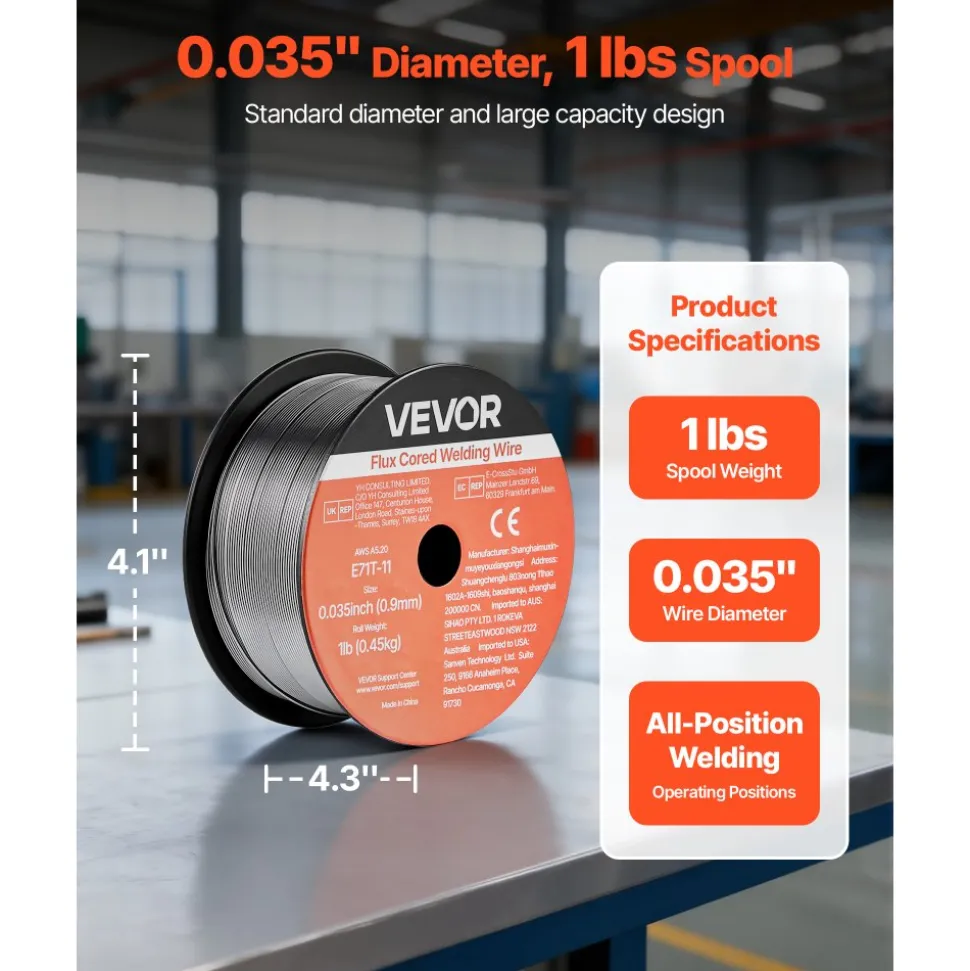 VEVOR Flux Core MIG Welding Wire, E71T-11 0.035-inch 1 LBS, Gasless Mild Steel Welding Wire with Low Spatter for All Position Arc Welding, Self-Shielded for Outdoor Use (Pack of 2 Rolls)