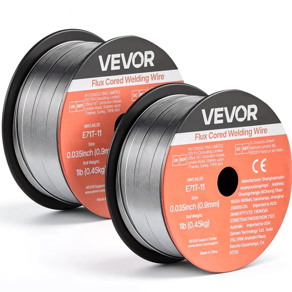 VEVOR Flux Core MIG Welding Wire, E71T-11 0.035-inch 1 LBS, Gasless Mild Steel Welding Wire with Low Spatter for All Position Arc Welding, Self-Shielded for Outdoor Use (Pack of 2 Rolls)