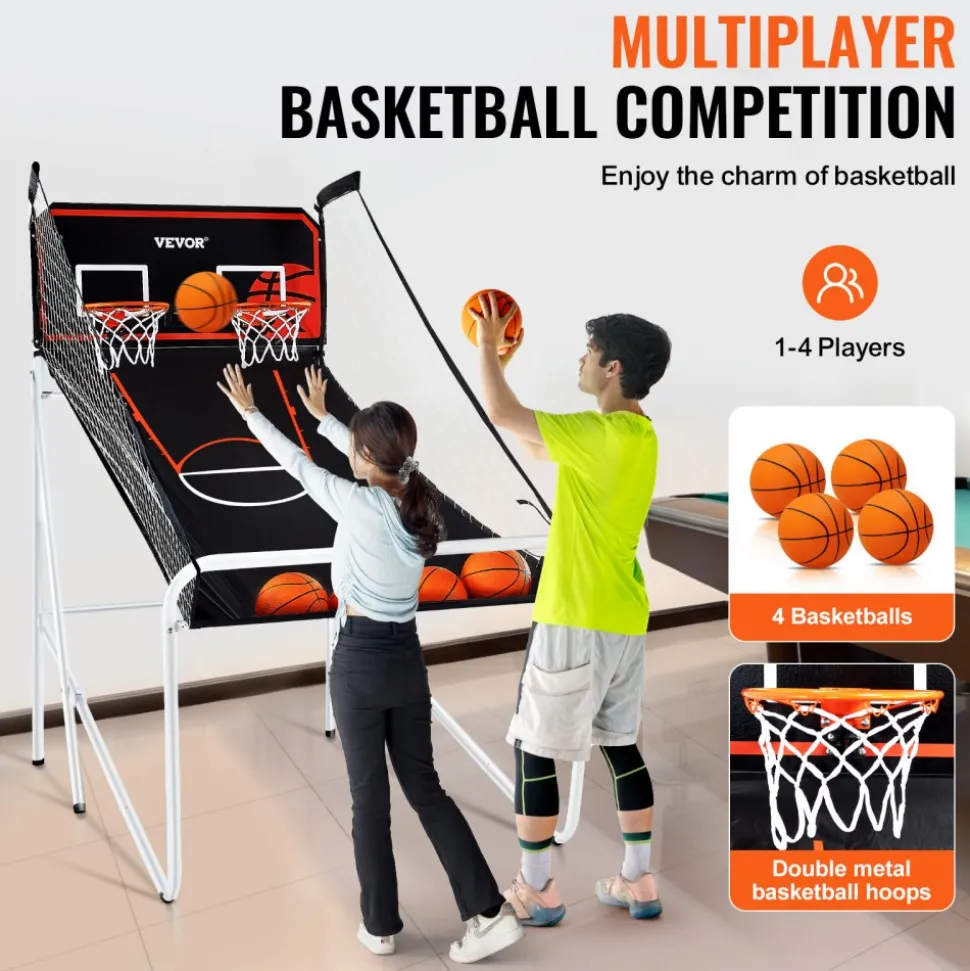 VEVOR Foldable Basketball Arcade Game, 2 Player Indoor Basketball Game, Home Dual Shot Sport with 4 Balls, 8 Game Modes, Electronic Scoreboard, and Inflation Pump, for Kids, Adults (Black & White)