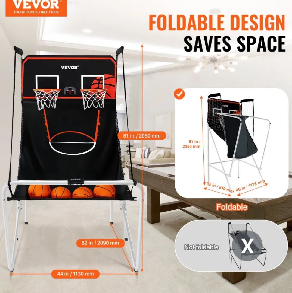 VEVOR Foldable Basketball Arcade Game, 2 Player Indoor Basketball Game, Home Dual Shot Sport with 4 Balls, 8 Game Modes, Electronic Scoreboard, and Inflation Pump, for Kids, Adults (Black & White)