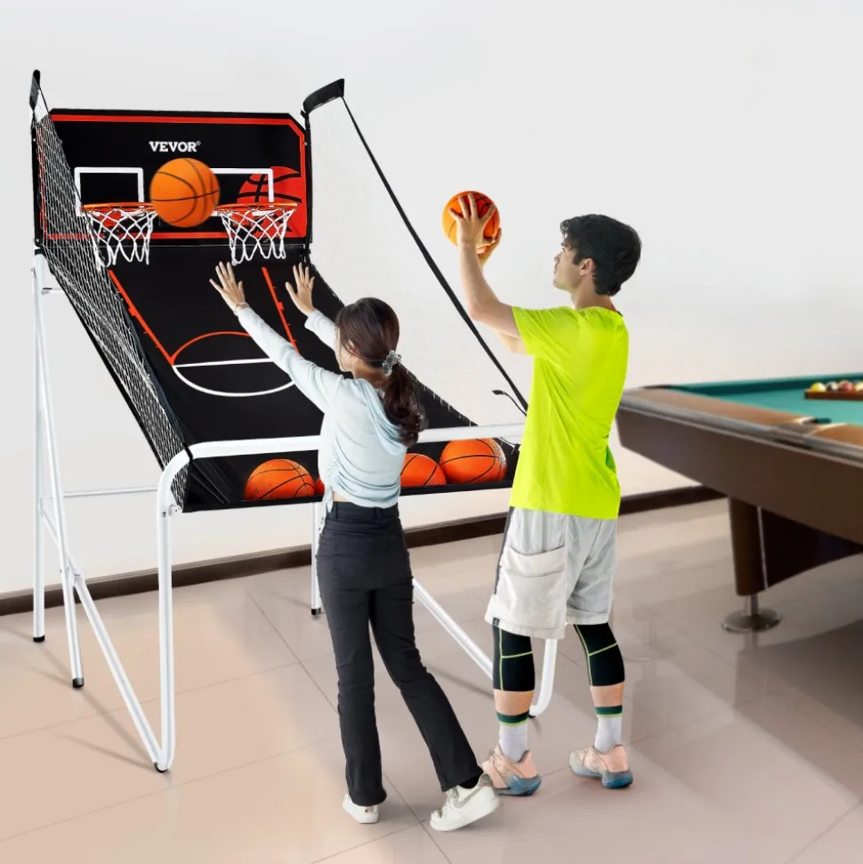 VEVOR Foldable Basketball Arcade Game, 2 Player Indoor Basketball Game, Home Dual Shot Sport with 4 Balls, 8 Game Modes, Electronic Scoreboard, and Inflation Pump, for Kids, Adults (Black & White)