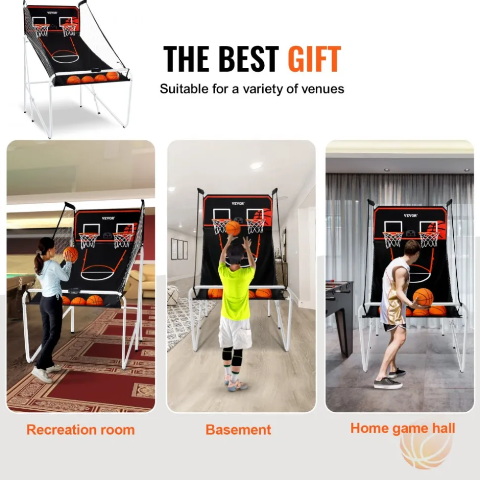 VEVOR Foldable Basketball Arcade Game, 2 Player Indoor Basketball Game, Home Dual Shot Sport with 4 Balls, 8 Game Modes, Electronic Scoreboard, and Inflation Pump, for Kids, Adults (Black & White)