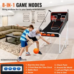 VEVOR Foldable Basketball Arcade Game, 2 Player Indoor Basketball Game, Home Dual Shot Sport with 4 Balls, 8 Game Modes, Electronic Scoreboard, and Inflation Pump, for Kids, Adults (Black & White)
