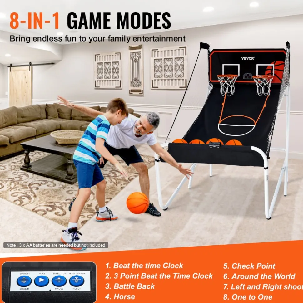 VEVOR Foldable Basketball Arcade Game, 2 Player Indoor Basketball Game, Home Dual Shot Sport with 5 Balls, 8 Game Modes, Electronic Scoreboard, and Inflation Pump, for Kids, Adults (Black & White)
