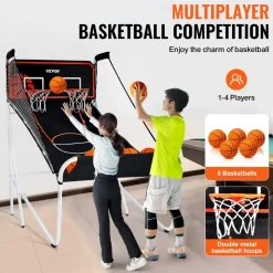 VEVOR Foldable Basketball Arcade Game, 2 Player Indoor Basketball Game, Home Dual Shot Sport with 5 Balls, 8 Game Modes, Electronic Scoreboard, and Inflation Pump, for Kids, Adults (Black & White)