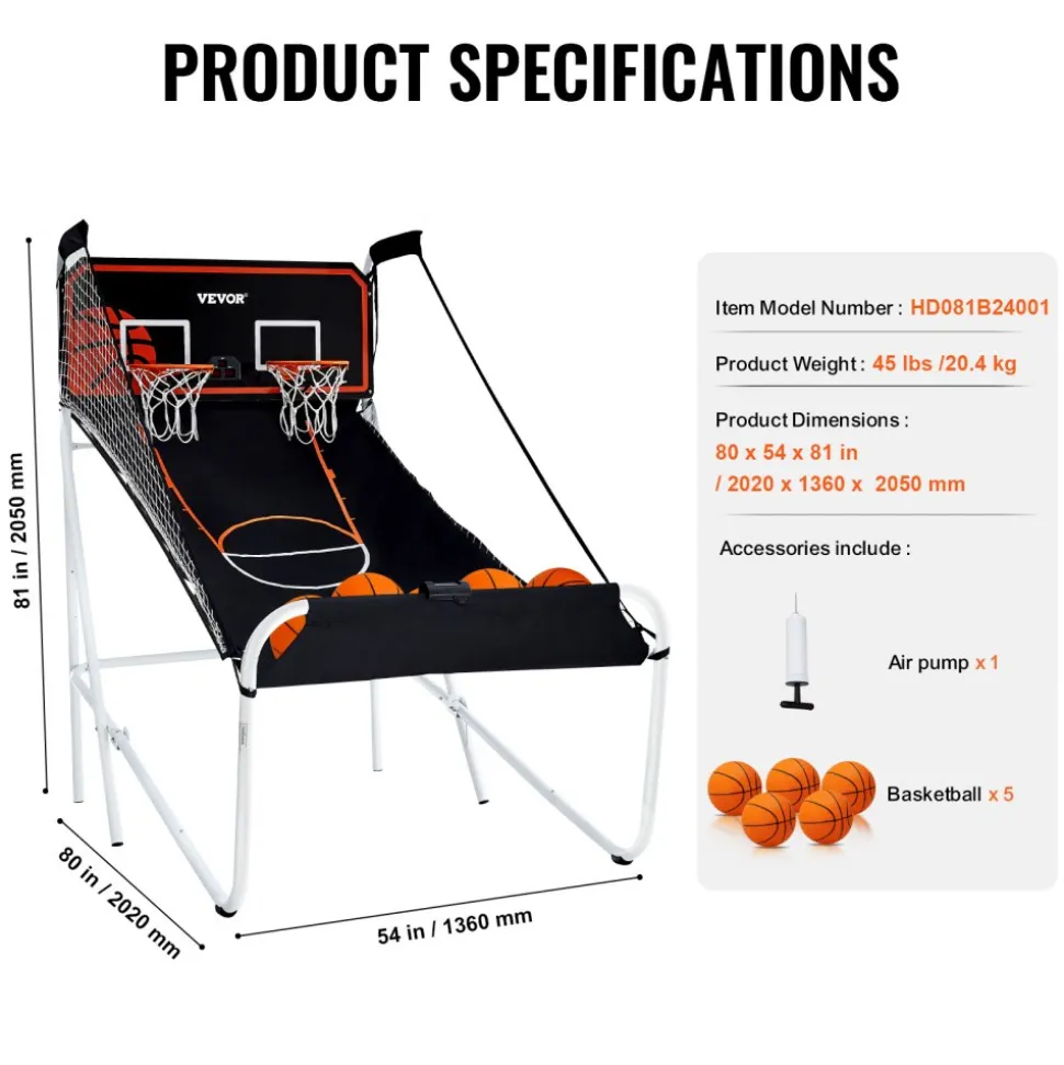 VEVOR Foldable Basketball Arcade Game, 2 Player Indoor Basketball Game, Home Dual Shot Sport with 5 Balls, 8 Game Modes, Electronic Scoreboard, and Inflation Pump, for Kids, Adults (Black & White)