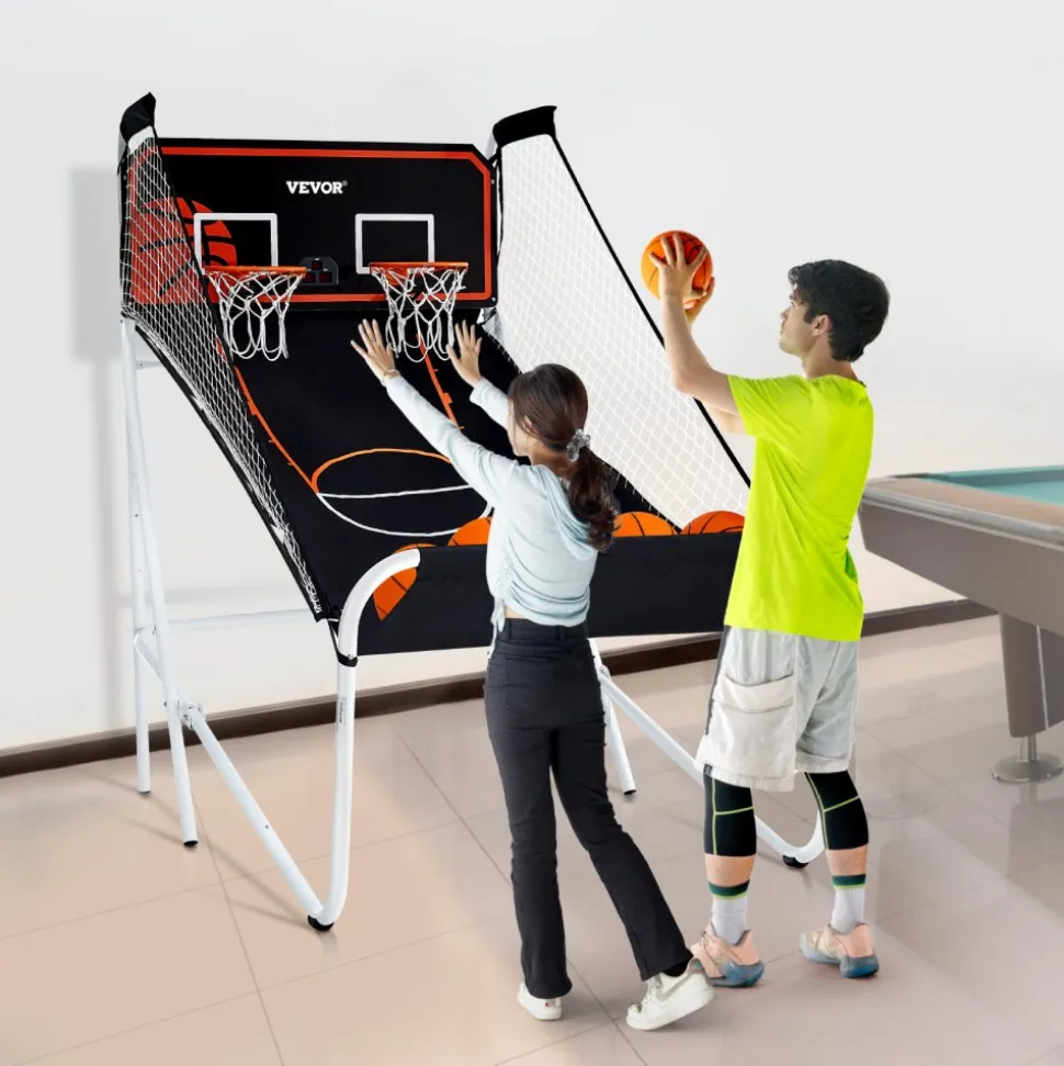 VEVOR Foldable Basketball Arcade Game, 2 Player Indoor Basketball Game, Home Dual Shot Sport with 5 Balls, 8 Game Modes, Electronic Scoreboard, and Inflation Pump, for Kids, Adults (Black & White)