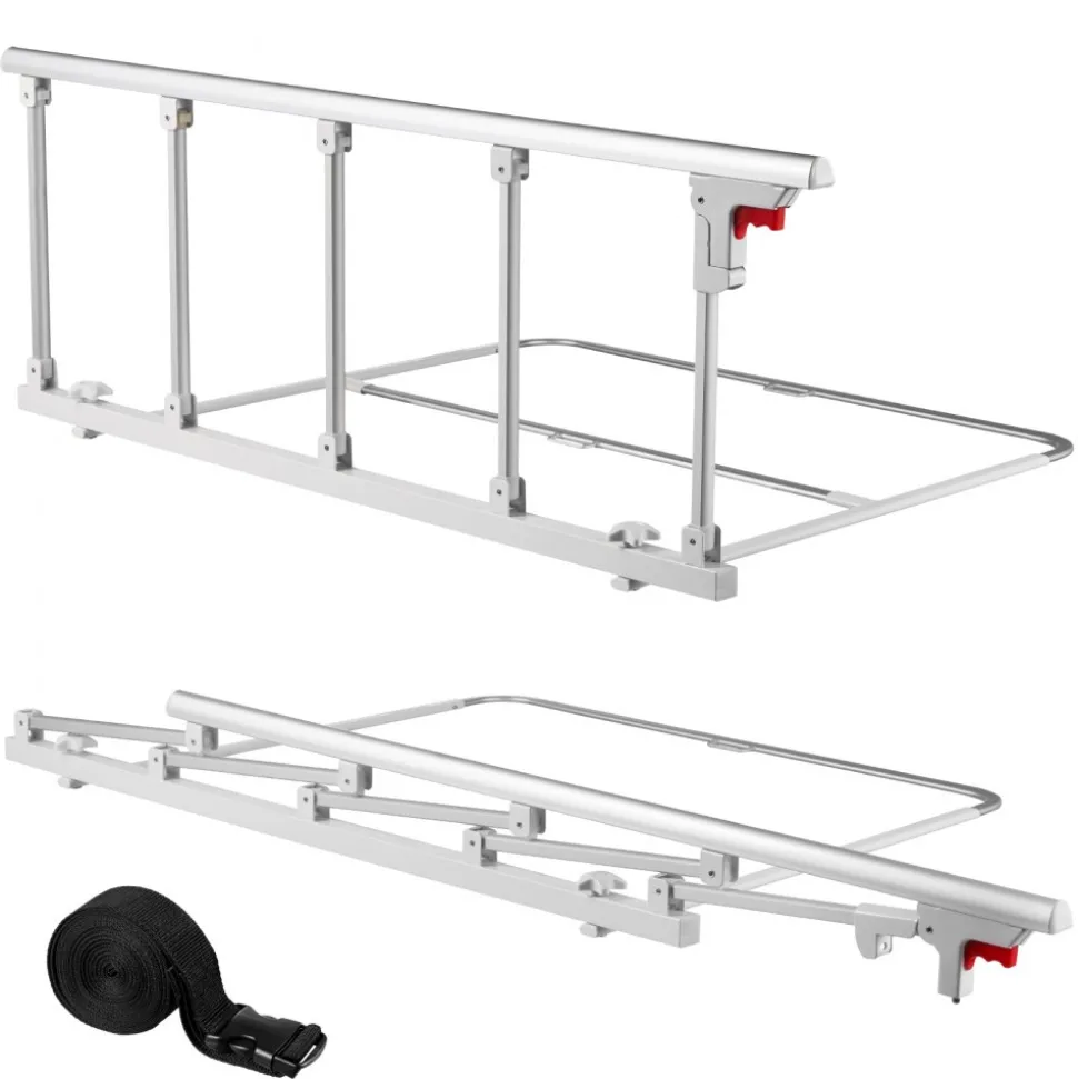 VEVOR Foldable Bed Rail for Elderly, 48 in Bedside Assist Rail with Fixing Strap, Adjustable Height Pipe Bedside Cane, High-Strength Metal Senior Bed Bar, Hand Guard Grab Fits King, Queen, Full, Twin
