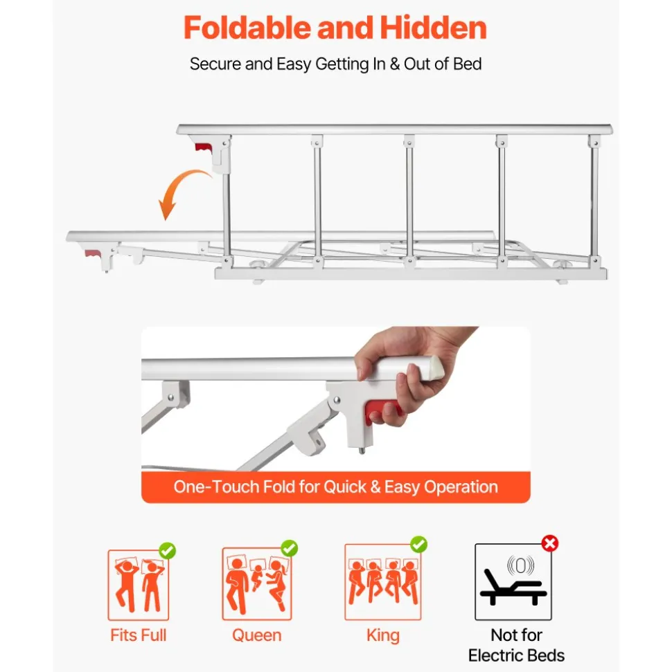 VEVOR Foldable Bed Rail for Elderly, 48 in Bedside Assist Rail with Fixing Strap, Adjustable Height Pipe Bedside Cane, High-Strength Metal Senior Bed Bar, Hand Guard Grab Fits King, Queen, Full, Twin