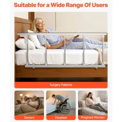 VEVOR Foldable Bed Rail for Elderly, 48 in Bedside Assist Rail with Fixing Strap, Adjustable Height Pipe Bedside Cane, High-Strength Metal Senior Bed Bar, Hand Guard Grab Fits King, Queen, Full, Twin