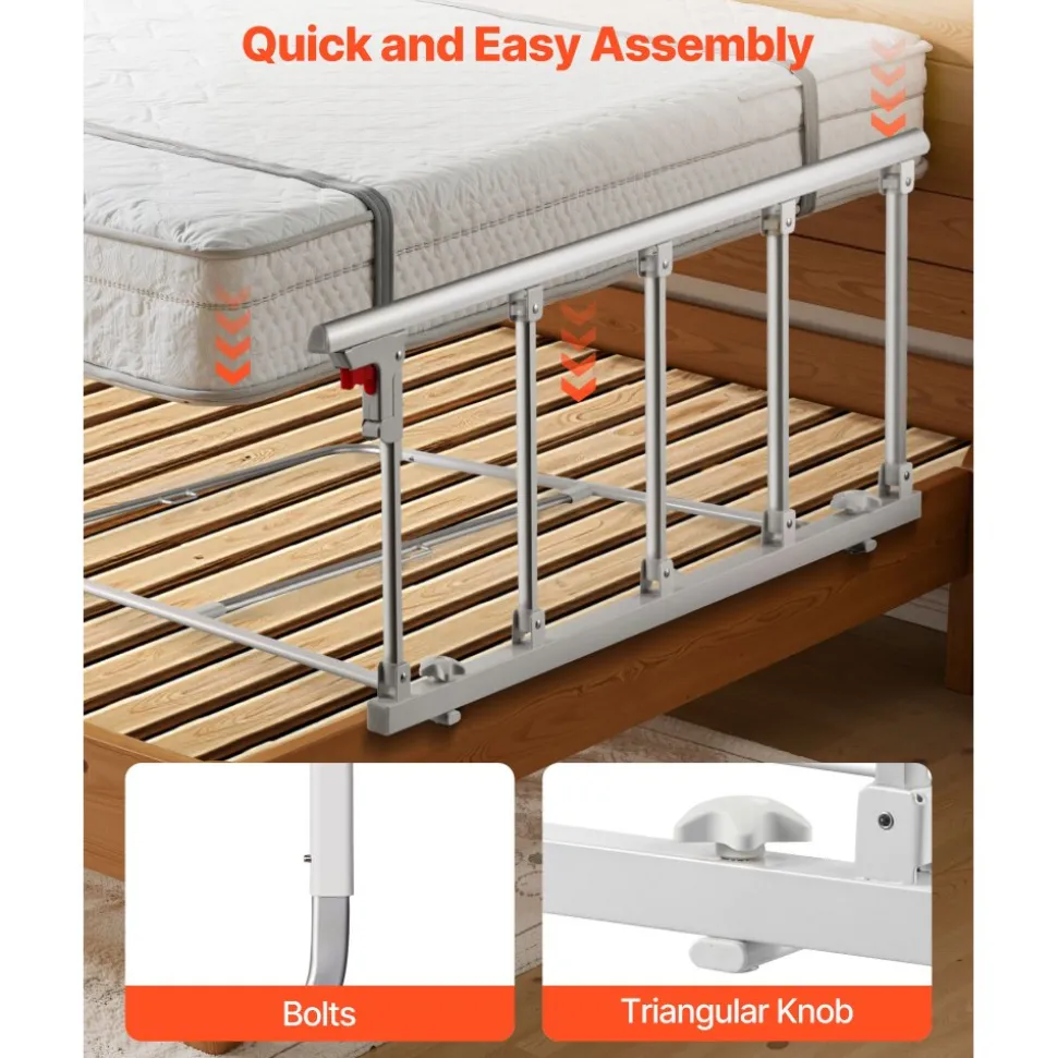 VEVOR Foldable Bed Rail for Elderly, 48 in Bedside Assist Rail with Fixing Strap, Adjustable Height Pipe Bedside Cane, High-Strength Metal Senior Bed Bar, Hand Guard Grab Fits King, Queen, Full, Twin