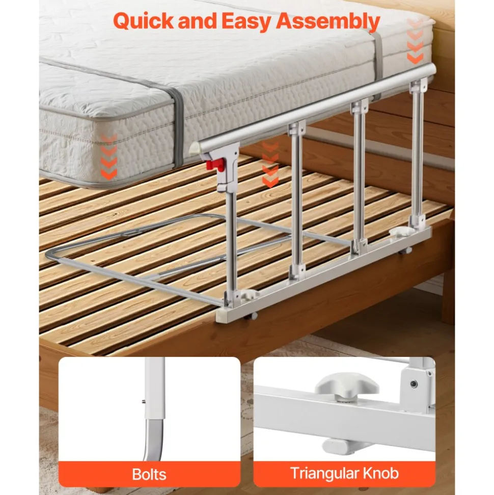 VEVOR Foldable Bed Rail for Elderly, 38 in Bedside Assist Rail with Fixing Strap, Adjustable Height Pipe Bedside Cane, High-Strength Metal Senior Bed Bar, Hand Guard Grab Fits King, Queen, Full, Twin