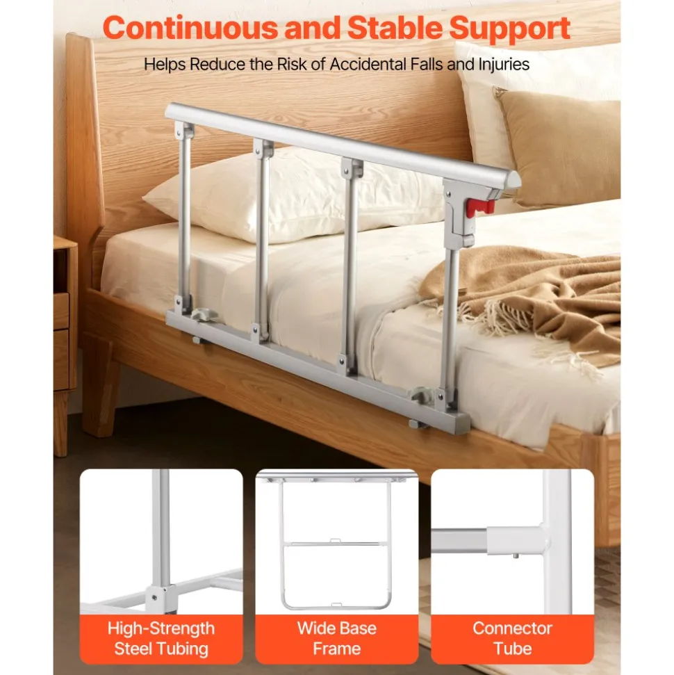 VEVOR Foldable Bed Rail for Elderly, 38 in Bedside Assist Rail with Fixing Strap, Adjustable Height Pipe Bedside Cane, High-Strength Metal Senior Bed Bar, Hand Guard Grab Fits King, Queen, Full, Twin
