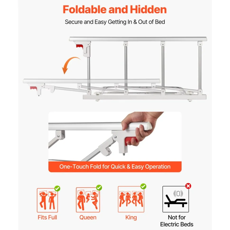 VEVOR Foldable Bed Rail for Elderly, 38 in Bedside Assist Rail with Fixing Strap, Adjustable Height Pipe Bedside Cane, High-Strength Metal Senior Bed Bar, Hand Guard Grab Fits King, Queen, Full, Twin