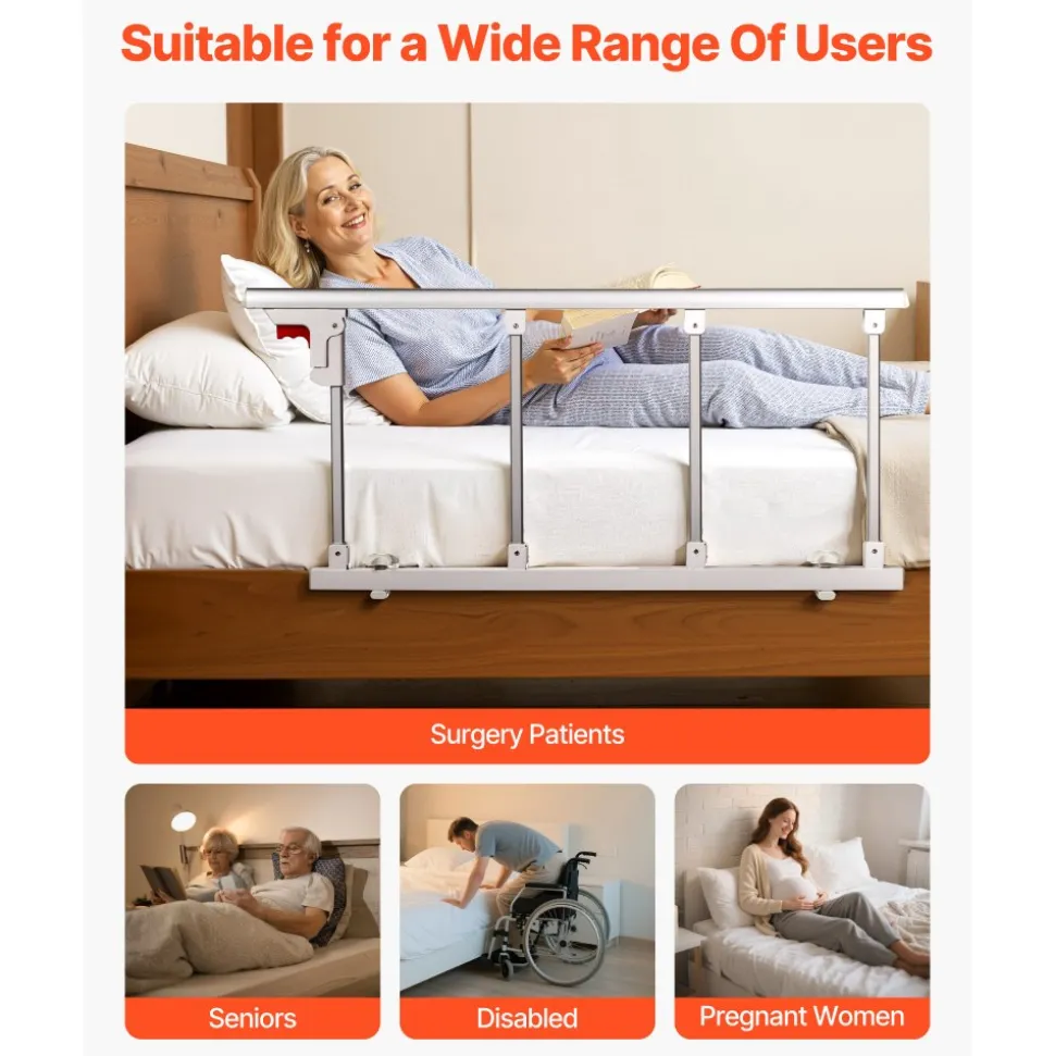 VEVOR Foldable Bed Rail for Elderly, 38 in Bedside Assist Rail with Fixing Strap, Adjustable Height Pipe Bedside Cane, High-Strength Metal Senior Bed Bar, Hand Guard Grab Fits King, Queen, Full, Twin