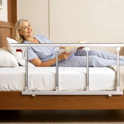 VEVOR Foldable Bed Rail for Elderly, 38 in Bedside Assist Rail with Fixing Strap, Adjustable Height Pipe Bedside Cane, High-Strength Metal Senior Bed Bar, Hand Guard Grab Fits King, Queen, Full, Twin