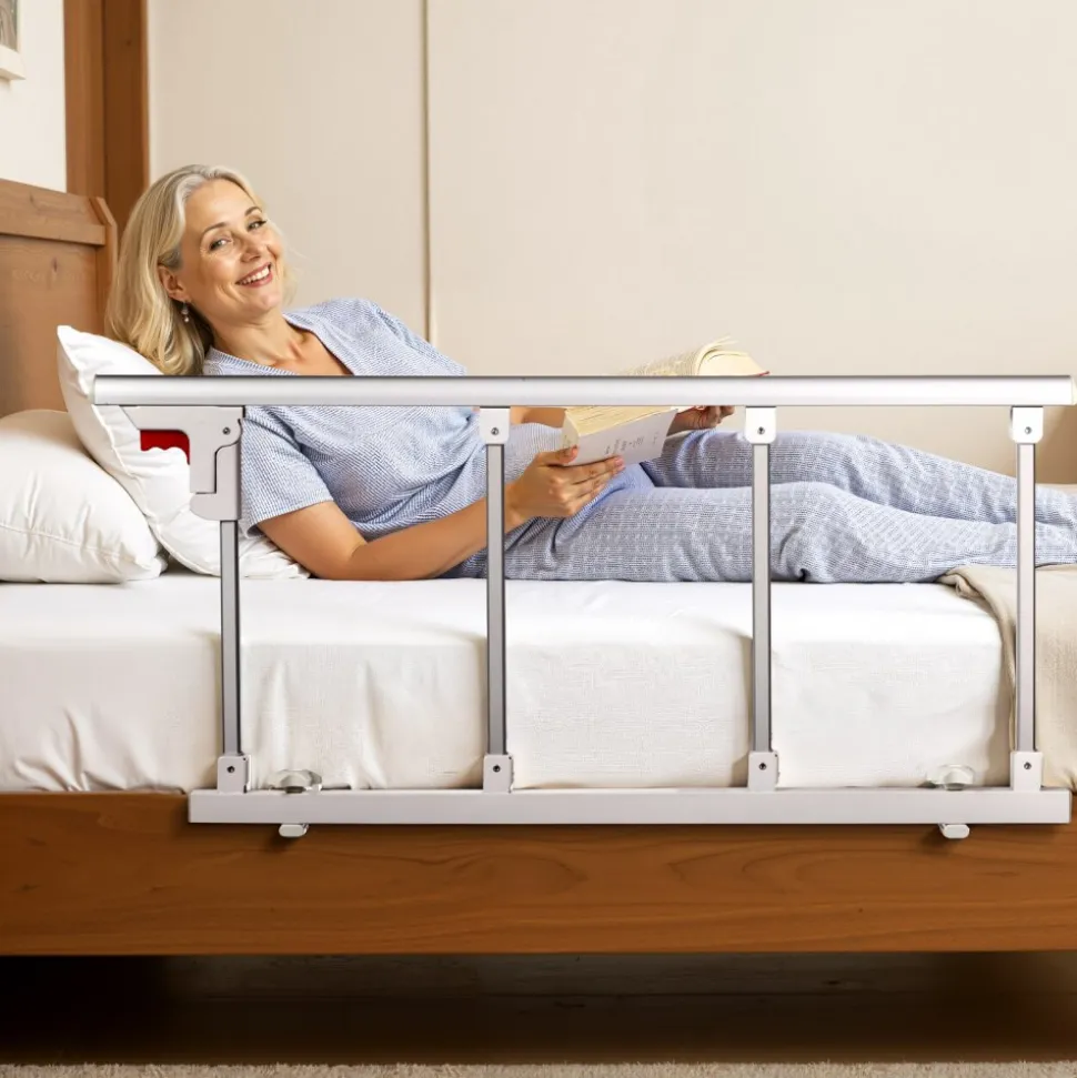 VEVOR Foldable Bed Rail for Elderly, 38 in Bedside Assist Rail with Fixing Strap, Adjustable Height Pipe Bedside Cane, High-Strength Metal Senior Bed Bar, Hand Guard Grab Fits King, Queen, Full, Twin