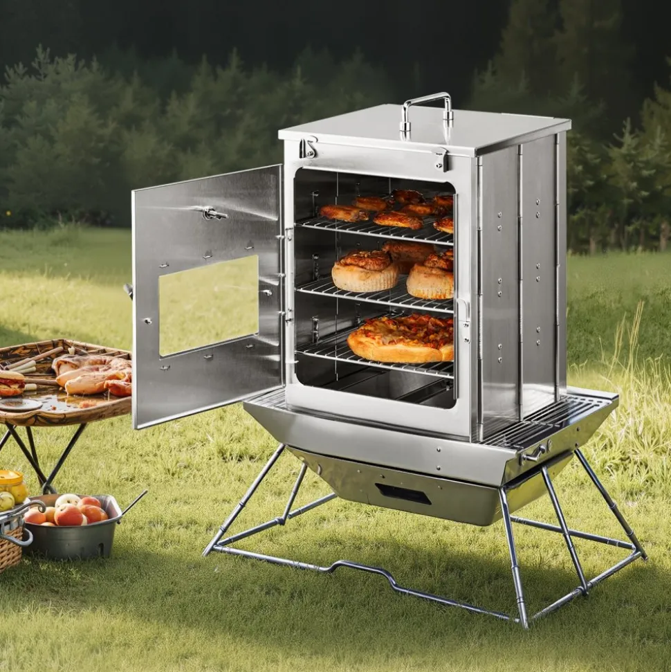 VEVOR Foldable Camping Oven, Stainless Steel Portable Camping Stove, with 3 Tier Grill, Handle and Thermometer, Use with Wood Burning Fire, Propane Stoves, for Baking Bread, Pizza, Outdoor Cooking