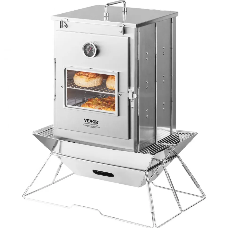 VEVOR Foldable Camping Oven, Stainless Steel Portable Camping Stove, with 3 Tier Grill, Handle and Thermometer, Use with Wood Burning Fire, Propane Stoves, for Baking Bread, Pizza, Outdoor Cooking