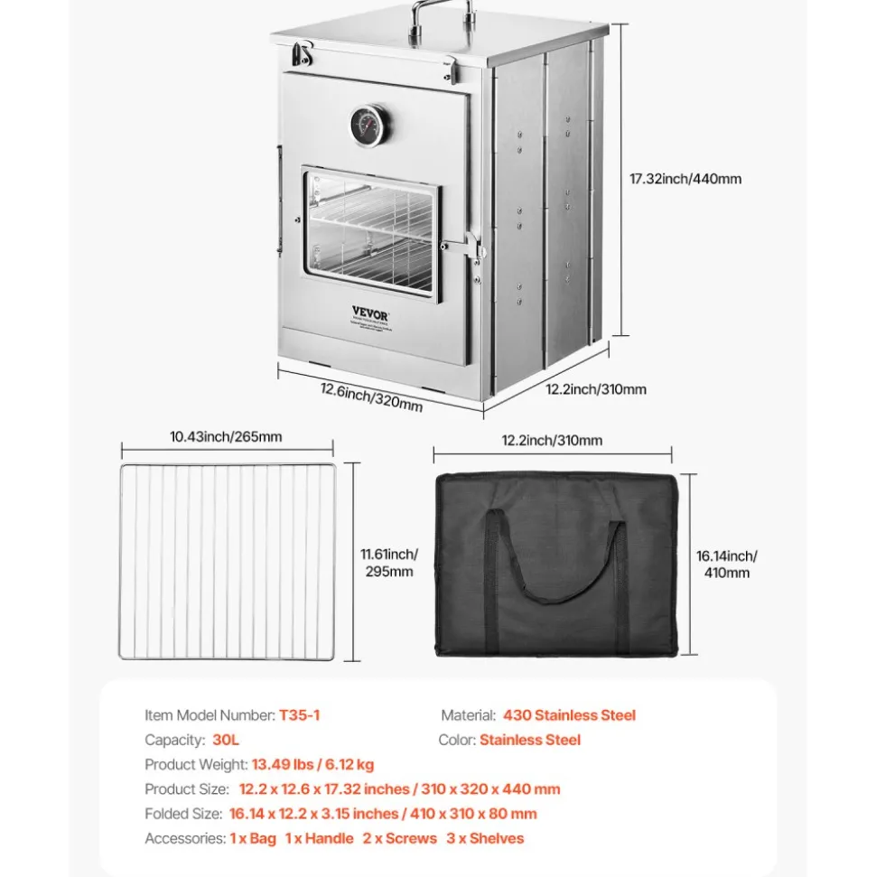 VEVOR Foldable Camping Oven, Stainless Steel Portable Camping Stove, with 3 Tier Grill, Handle and Thermometer, Use with Wood Burning Fire, Propane Stoves, for Baking Bread, Pizza, Outdoor Cooking