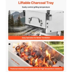 VEVOR Foldable Charcoal Grill, 250 sq.in. Portable Charcoal Barbecue Grill with Liftable Charcoal Tray & Side Tables, Brushed Stainless Steel BBQ Cooking Grills for Outdoor Camping Backyard Parties