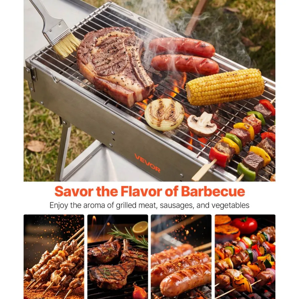 VEVOR Foldable Charcoal Grill, 250 sq.in. Portable Charcoal Barbecue Grill with Liftable Charcoal Tray & Side Tables, Brushed Stainless Steel BBQ Cooking Grills for Outdoor Camping Backyard Parties