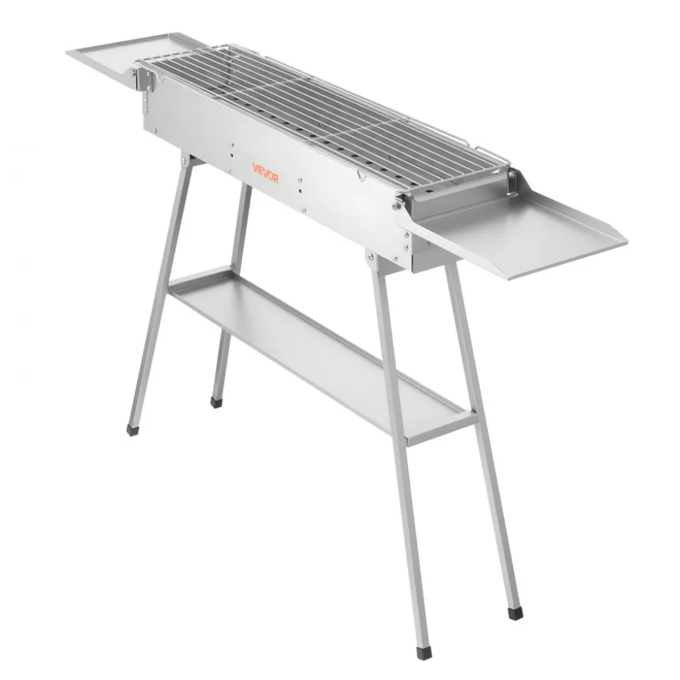 VEVOR Foldable Charcoal Grill, 250 sq.in. Portable Charcoal Barbecue Grill with Liftable Charcoal Tray & Side Tables, Brushed Stainless Steel BBQ Cooking Grills for Outdoor Camping Backyard Parties