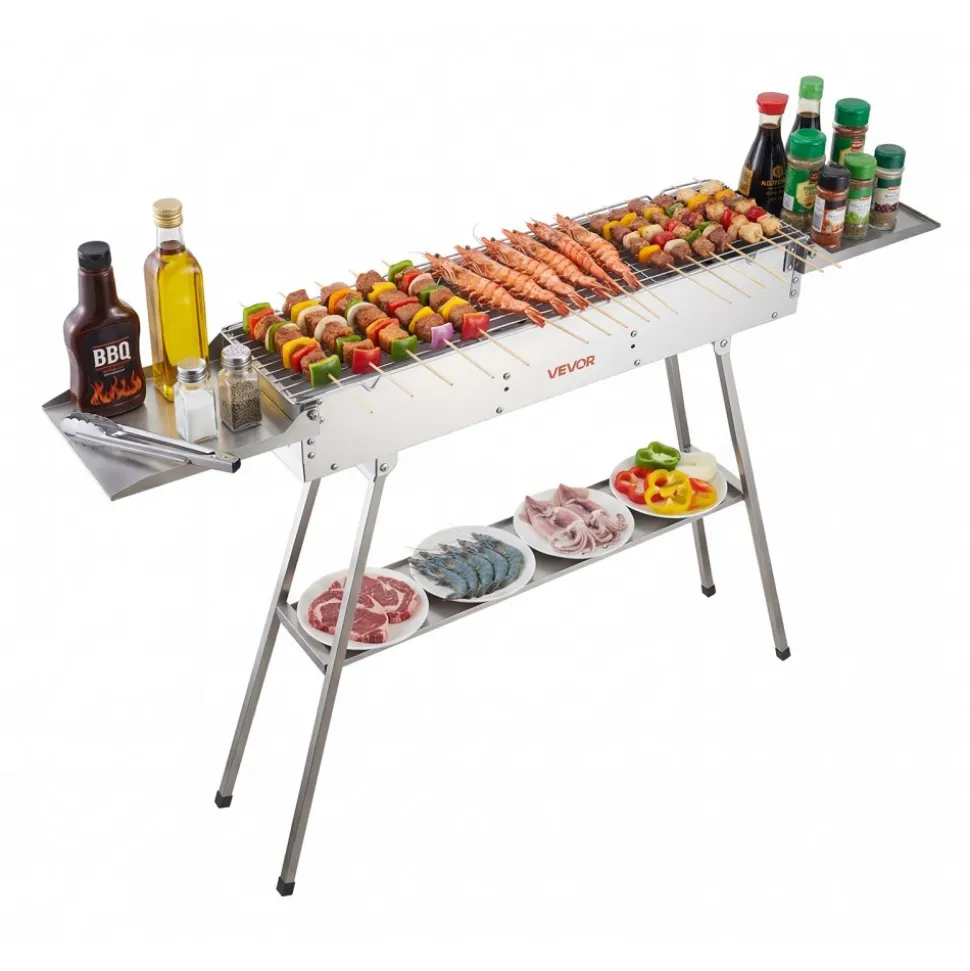 VEVOR Foldable Charcoal Grill, 250 sq.in. Portable Charcoal Barbecue Grill with Liftable Charcoal Tray & Side Tables, Brushed Stainless Steel BBQ Cooking Grills for Outdoor Camping Backyard Parties