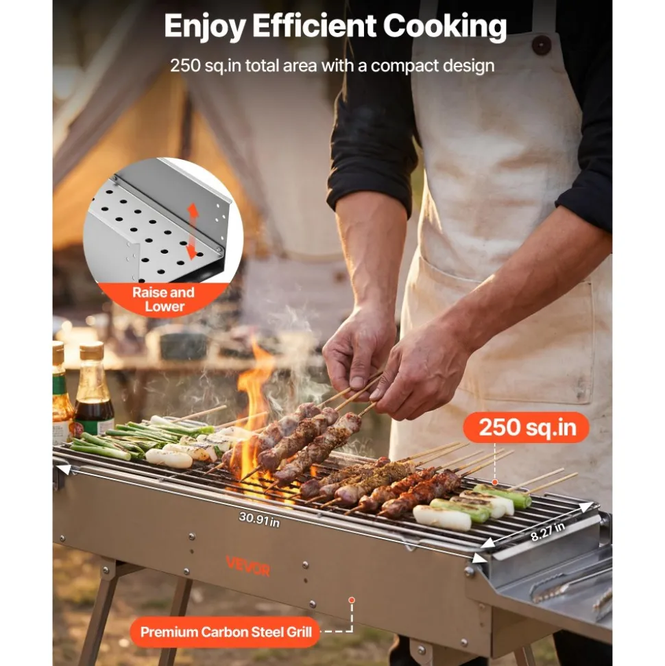 VEVOR Foldable Charcoal Grill, 250 sq.in. Portable Charcoal Barbecue Grill with Liftable Charcoal Tray & Side Tables, Brushed Stainless Steel BBQ Cooking Grills for Outdoor Camping Backyard Parties