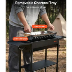 VEVOR Foldable Charcoal Grill, Portable Charcoal Barbecue Grill with Adjustable Height & Folding Side Tables, High-Temp Powder-Coated Steel Outdoor BBQ Grills for Camping Backyard Parties