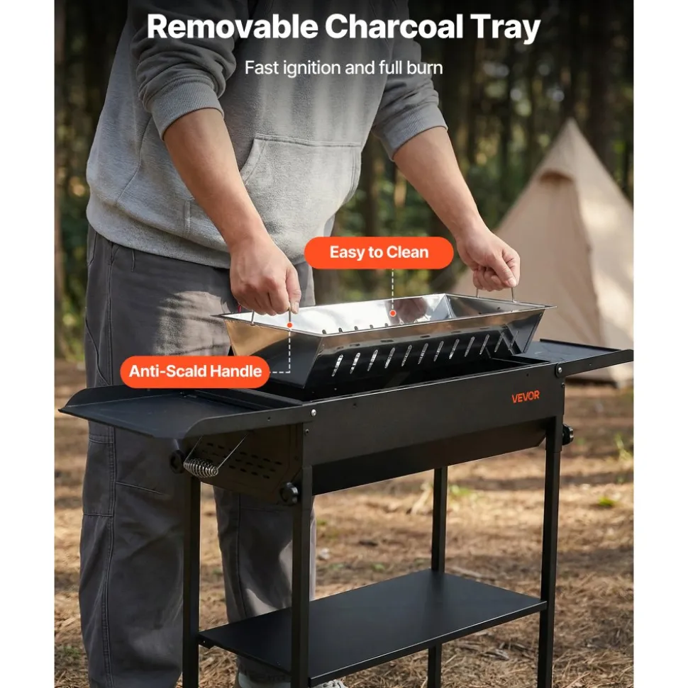 VEVOR Foldable Charcoal Grill, Portable Charcoal Barbecue Grill with Adjustable Height & Folding Side Tables, High-Temp Powder-Coated Steel Outdoor BBQ Grills for Camping Backyard Parties
