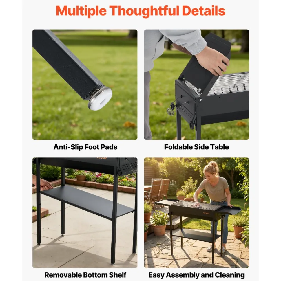 VEVOR Foldable Charcoal Grill, Portable Charcoal Barbecue Grill with Adjustable Height & Folding Side Tables, High-Temp Powder-Coated Steel Outdoor BBQ Grills for Camping Backyard Parties