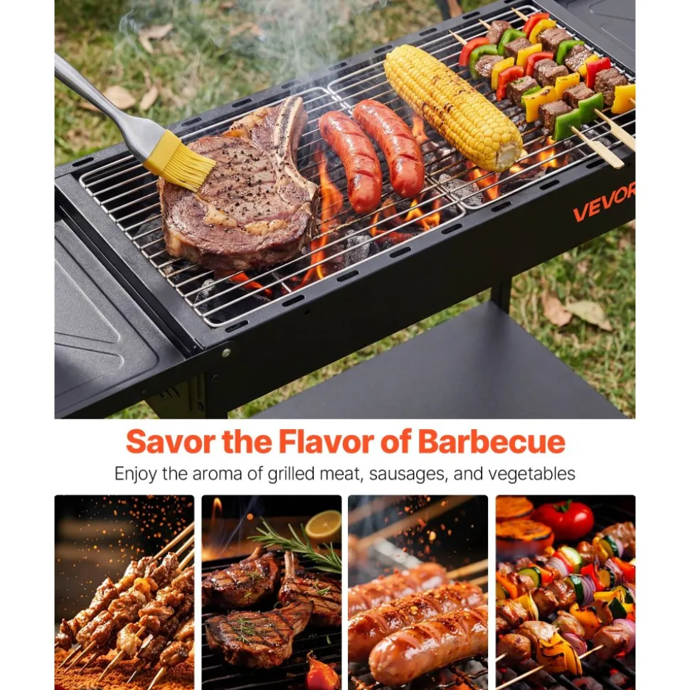 VEVOR Foldable Charcoal Grill, Portable Charcoal Barbecue Grill with Adjustable Height & Folding Side Tables, High-Temp Powder-Coated Steel Outdoor BBQ Grills for Camping Backyard Parties