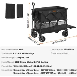 VEVOR Foldable Double Decker Wagon, 400L Collapsible Wagon Cart with All-Terrain Wheels, Heavy Duty Folding Wagon Cart 350-450 lbs Weight Capacity for Camping, Shopping, Garden, 52