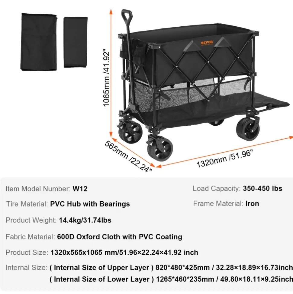 VEVOR Foldable Double Decker Wagon, 400L Collapsible Wagon Cart with All-Terrain Wheels, Heavy Duty Folding Wagon Cart 350-450 lbs Weight Capacity for Camping, Shopping, Garden, 52" Extra Long Extender