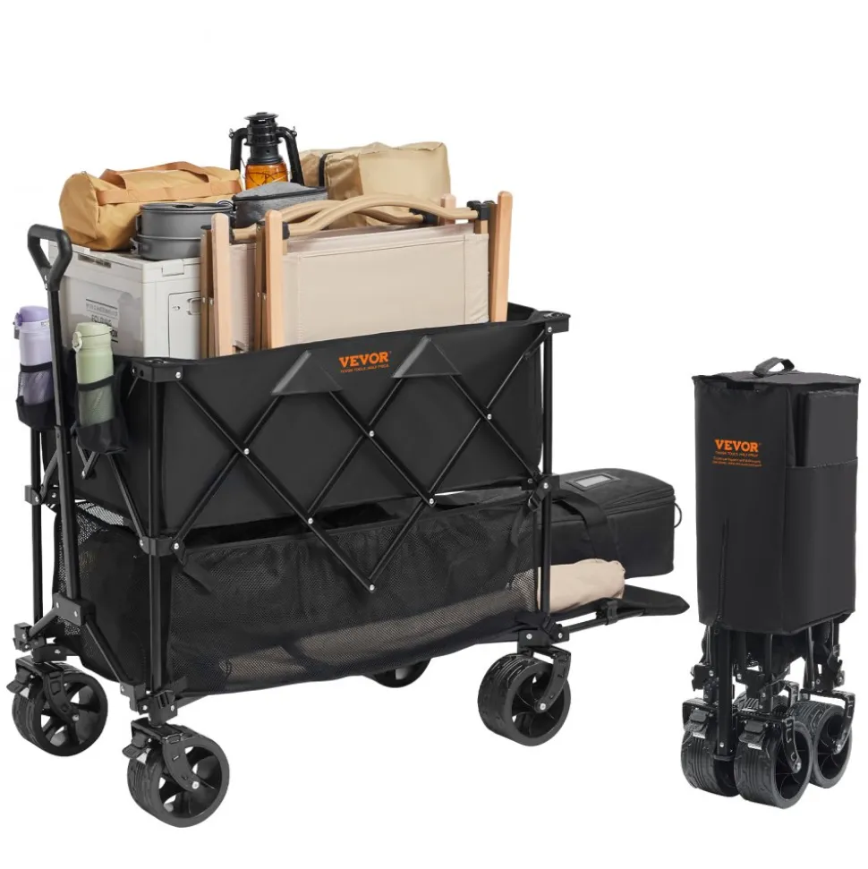 VEVOR Foldable Double Decker Wagon, 400L Collapsible Wagon Cart with All-Terrain Wheels, Heavy Duty Folding Wagon Cart 350-450 lbs Weight Capacity for Camping, Shopping, Garden, 52" Extra Long Extender