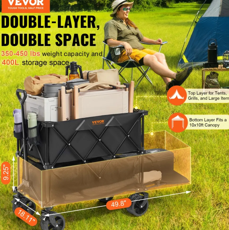 VEVOR Foldable Double Decker Wagon, 400L Collapsible Wagon Cart with All-Terrain Wheels, Heavy Duty Folding Wagon Cart 350-450 lbs Weight Capacity for Camping, Shopping, Garden, 52" Extra Long Extender
