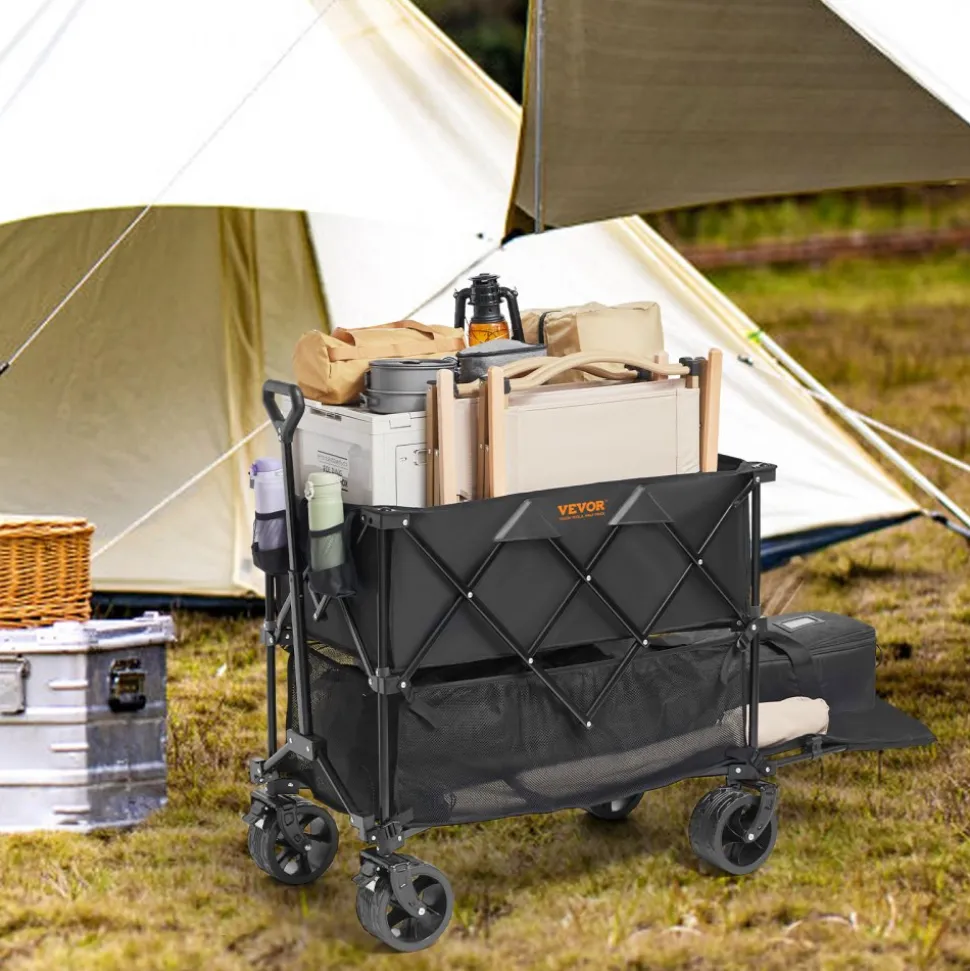 VEVOR Foldable Double Decker Wagon, 400L Collapsible Wagon Cart with All-Terrain Wheels, Heavy Duty Folding Wagon Cart 350-450 lbs Weight Capacity for Camping, Shopping, Garden, 52" Extra Long Extender