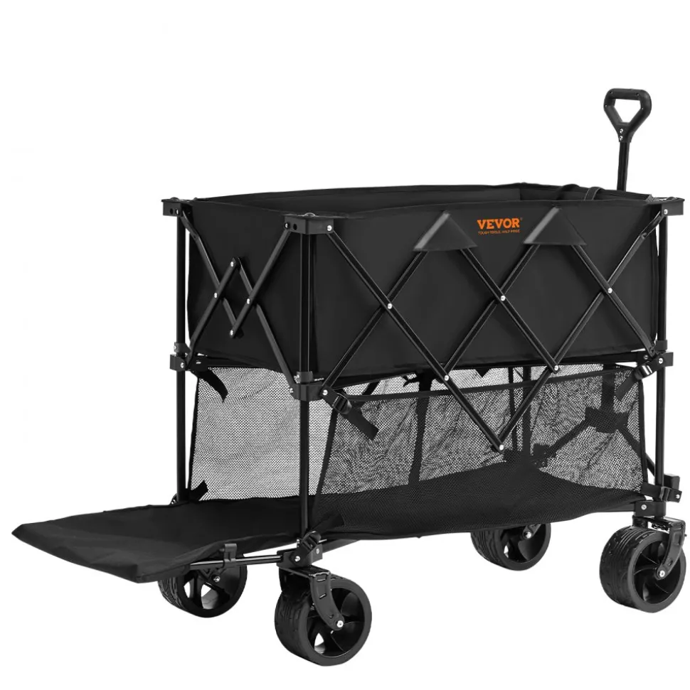 VEVOR Foldable Double Decker Wagon, 400L Collapsible Wagon Cart with All-Terrain Wheels, Heavy Duty Folding Wagon Cart 350-450 lbs Weight Capacity for Camping, Shopping, Garden, 52" Extra Long Extender