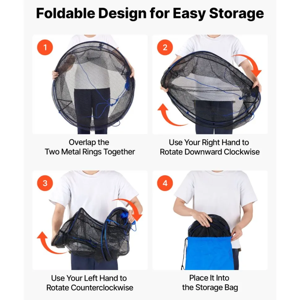 VEVOR Foldable Fishing Net, Landing Fishing Pier Nets, Portable Drop Net for Pulling up Fish, Durable and Fish-friendly, with Rope and Storage Bag, for Minnows, Crawfish, Shrimp, Crab