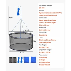 VEVOR Foldable Fishing Net, Landing Fishing Pier Nets, Portable Drop Net for Pulling up Fish, Durable and Fish-friendly, with Rope and Storage Bag, for Minnows, Crawfish, Shrimp, Crab