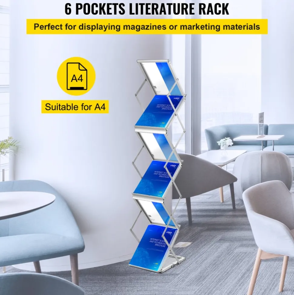 VEVOR Foldable Magazine Display Rack, 6 Pockets Pop-Up Brochure Display Stand, Double-Sided Display Catalog Literature Holder Stand, Portable with Carrying Bag for Office Trade Show Exhibitions
