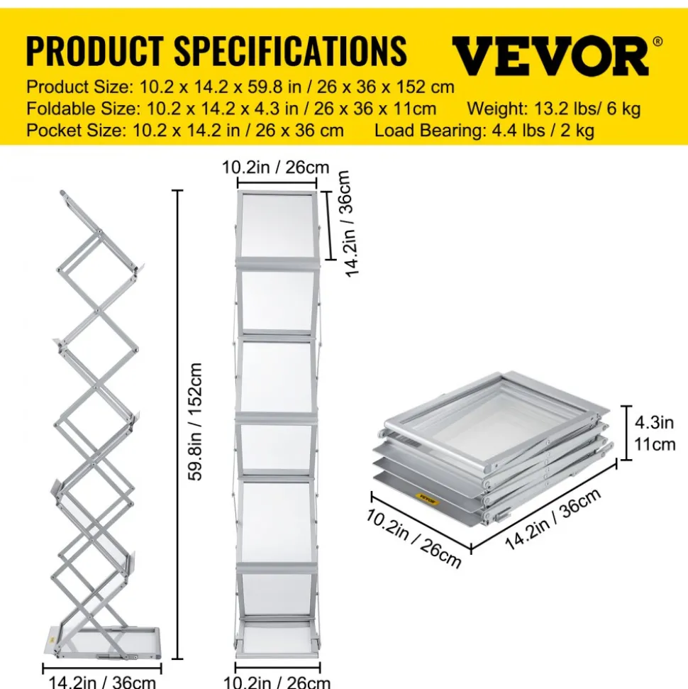 VEVOR Foldable Magazine Display Rack, 6 Pockets Pop-Up Brochure Display Stand, Double-Sided Display Catalog Literature Holder Stand, Portable with Carrying Bag for Office Trade Show Exhibitions