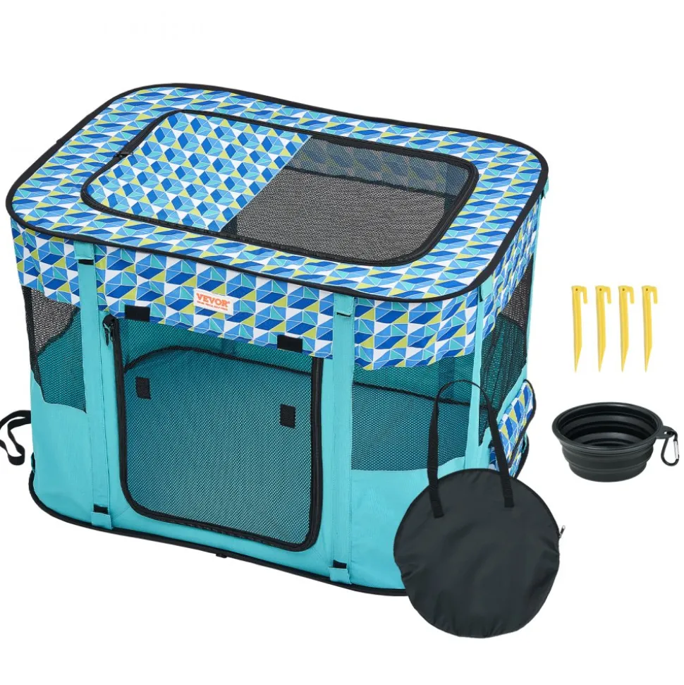 VEVOR Foldable Pet Playpen, 32'' x 24'' x 22'' Portable Dog Playpen, Crate Kennel for Puppy, Dog, Cat, Waterproof 600D Oxford Cloth, Removable Zipper, for Indoor Outdoor Travel Camping (Rectangle, S)