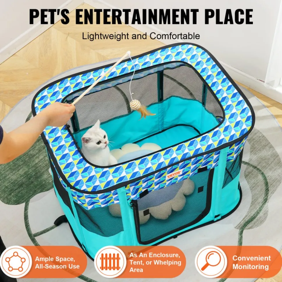 VEVOR Foldable Pet Playpen, 32'' x 24'' x 22'' Portable Dog Playpen, Crate Kennel for Puppy, Dog, Cat, Waterproof 600D Oxford Cloth, Removable Zipper, for Indoor Outdoor Travel Camping (Rectangle, S)