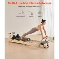 VEVOR Foldable Pilates Reformer, Wooden Pilates Workout Machine for Home Gym Studio Use, Pilates Bed with Dual Resistance- Spring & Cord, Reformer Set with Sitting Box, Up to 400 LBS