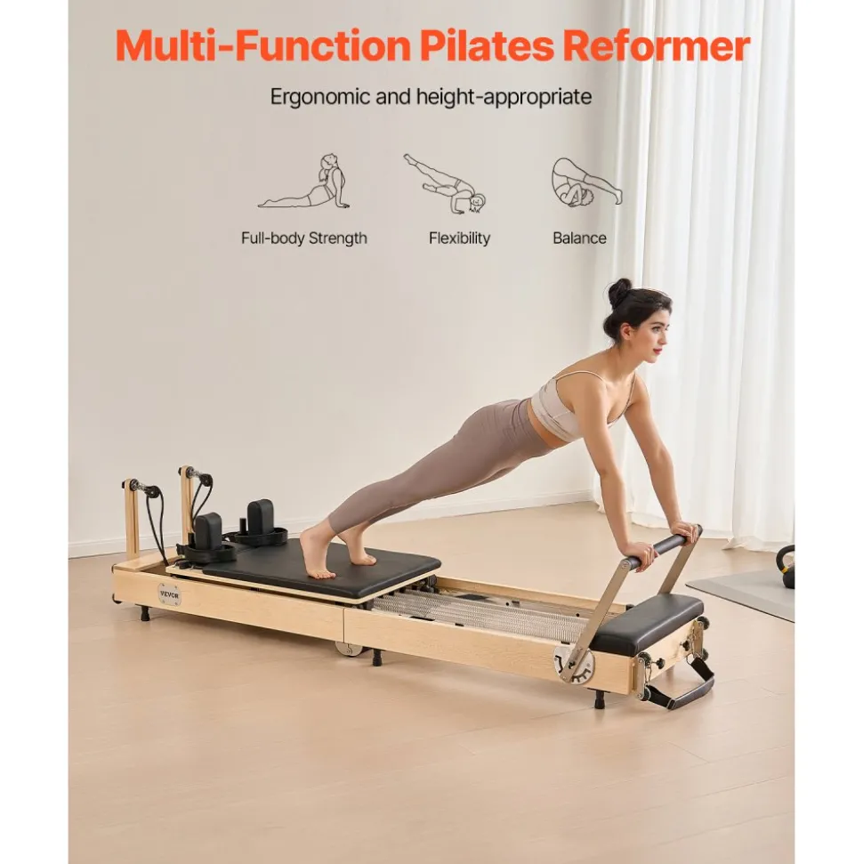 VEVOR Foldable Pilates Reformer, Wooden Pilates Workout Machine for Home Gym Studio Use, Pilates Bed with Dual Resistance- Spring & Cord, Reformer Set with Sitting Box, Up to 400 LBS
