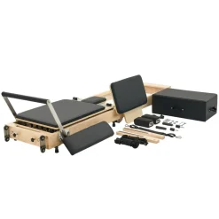 VEVOR Foldable Pilates Reformer, Wooden Pilates Workout Machine for Home Gym Studio Use, Pilates Bed with Dual Resistance- Spring & Cord, Reformer Set with Sitting Box, Up to 400 LBS