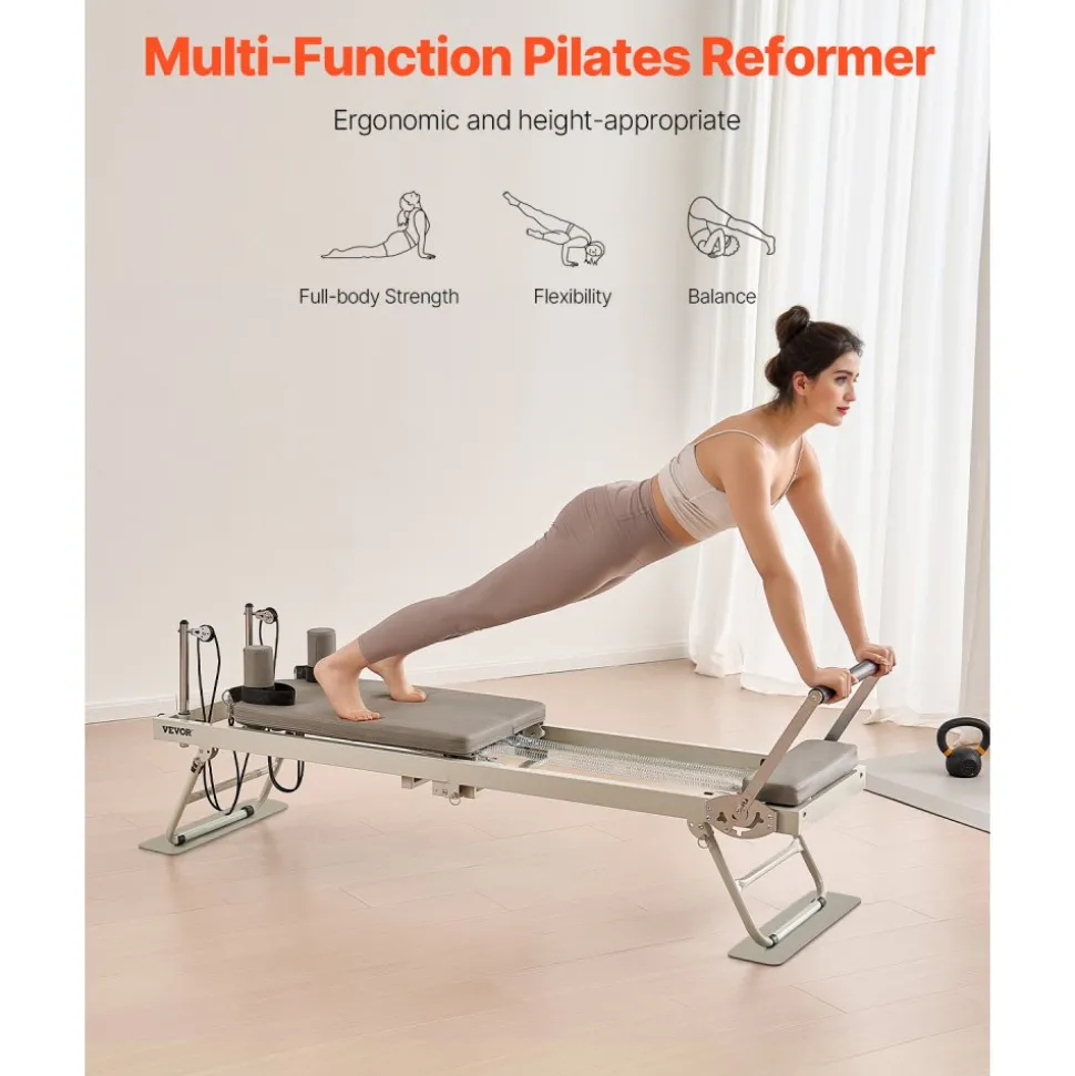 VEVOR Foldable Pilates Reformer, Pilates Workout Machine for Home Gym Studio Use, Pilates Bed with Dual Resistance- Spring & Cord, Reformer Set for Advanced Users and Beginners, Up to 400 LBS